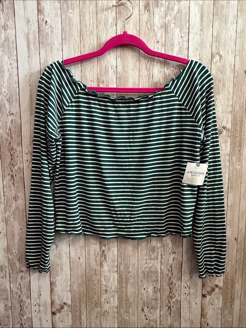 Arizona Off-Shoulder Green & White Striped Long-Sleeve Cropped Top